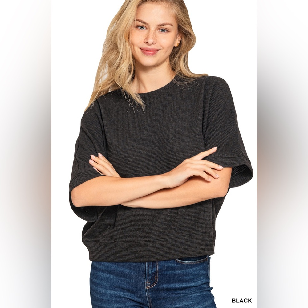 Zenana DOUBLE KNIT BANDED BOTTOM SHORT SLEEVE TOP - Picture 2 of 3